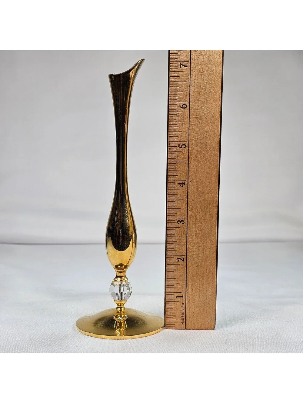 Vintage Brass Bud Vase Slender Mid Century Modern MCM Crystal Accent 6.75